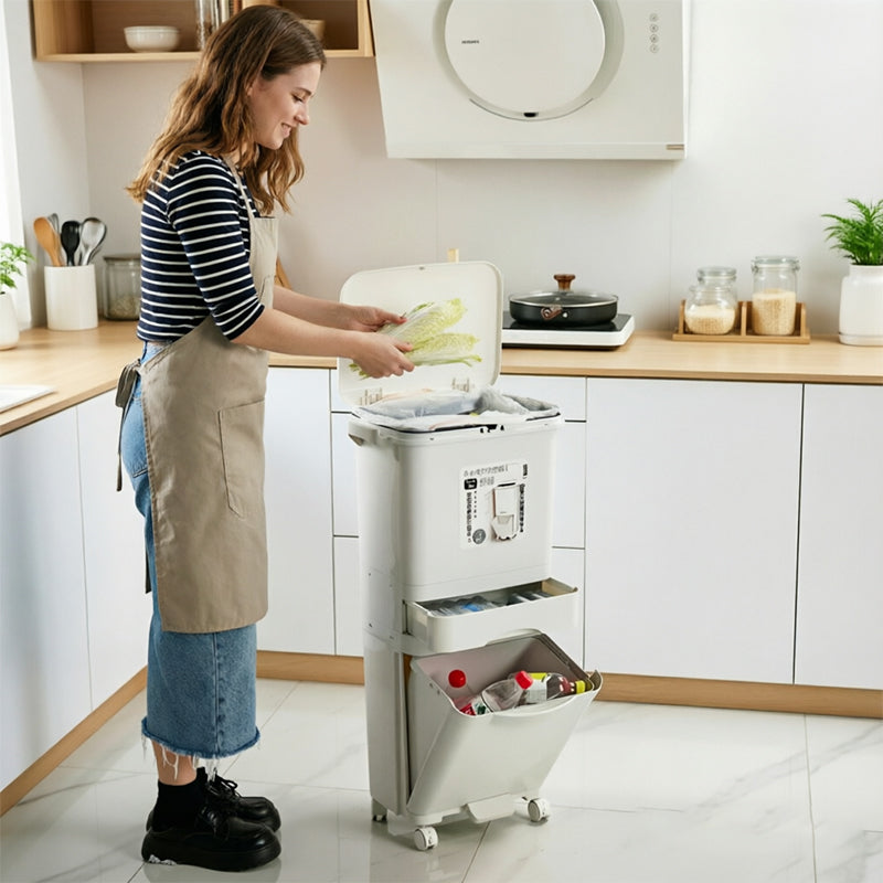 42-Liter-Küchenmülleimer mit 3 Fächern Pedalfunktion und Rollen