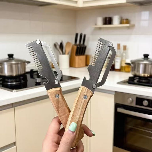 2-in-1 Zwiebelschneider mit Holzgriff und Flaschenöffner